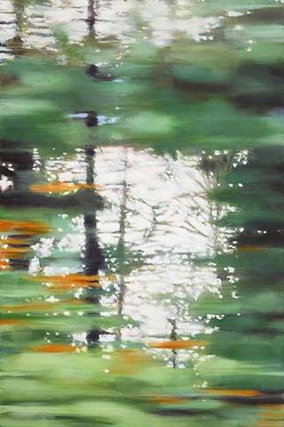 Oil painting depicting a drive alongside a mountain lake at sunset