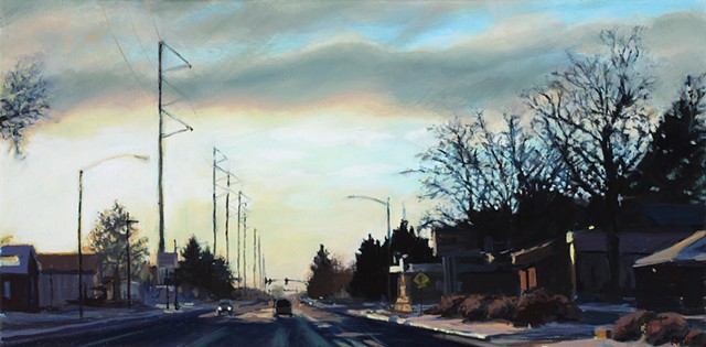 Oil painting of a suburban street after a rain shower