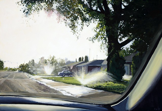 Oil Painting of a sprinkler along a suburban street