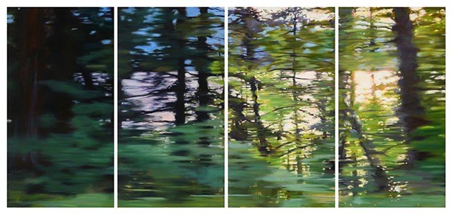 Oil painting depicting a drive alongside a mountain lake at sunset
