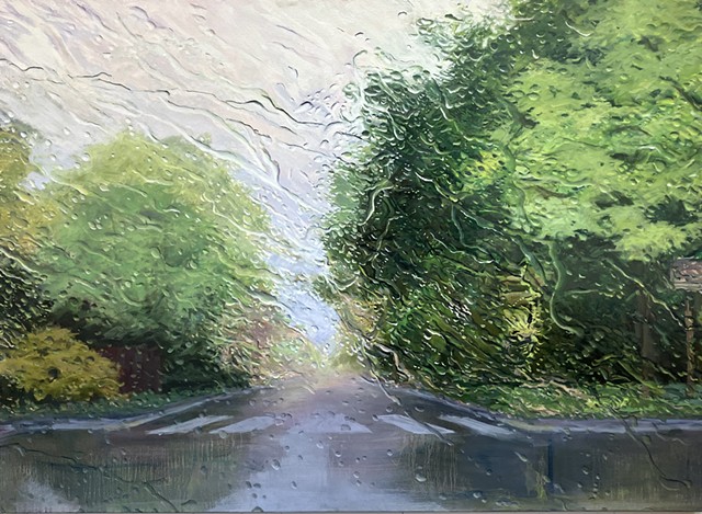 Oil painting of road through a rainy windshield