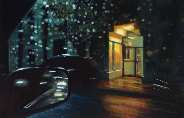 Oil painting of a doorway along a street at night in the rain