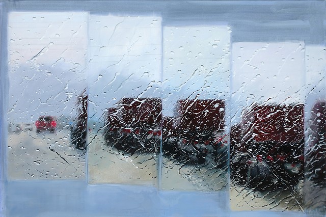 painting of a red truck in the rain on a highway