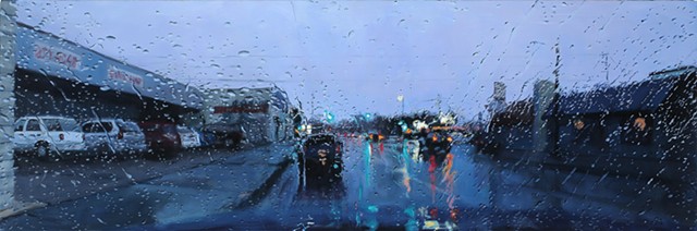 Oil painting streetscape through a rainy windshield