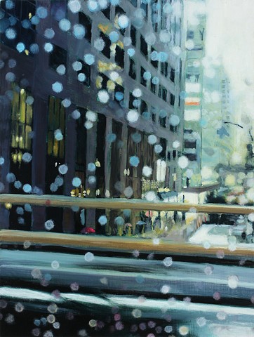 New York City streetscape in the rain, oil painting