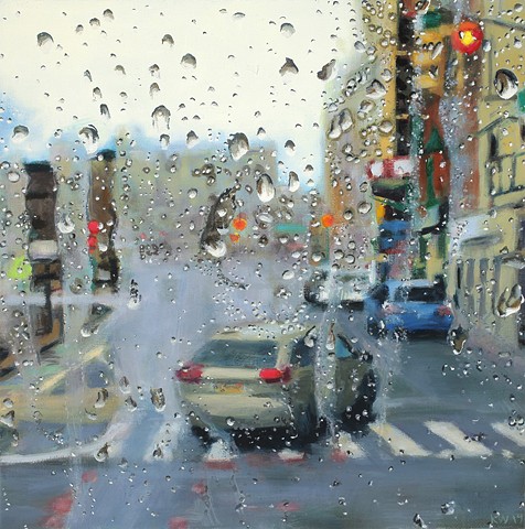 Painting looking out a bus window in the rain