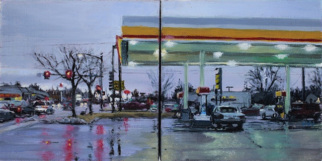 This is a painting of a gas station in the rain, with cars and reflections in the road.
