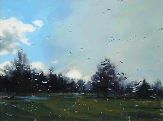 Rainy day park oil painting