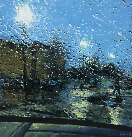 Rainy streetscape oil painting through a car windshield