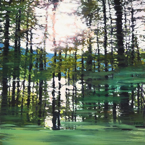 Oil painting depicting a drive alongside a mountain lake at sunset
