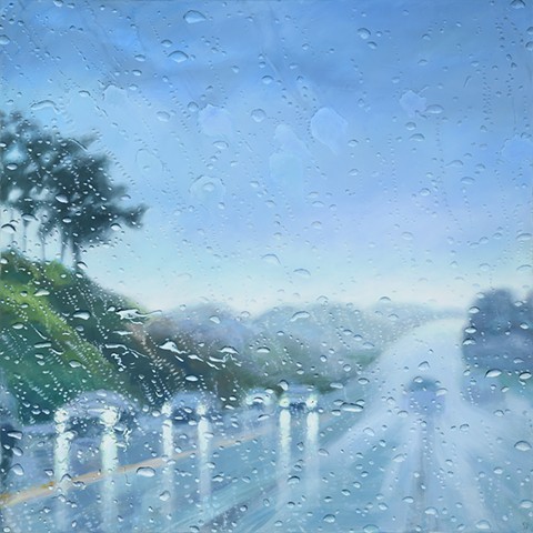 Oil painting of road through a rainy windshield