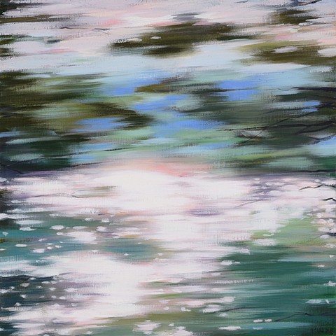 Oil painting depicting a drive alongside a mountain lake at sunset