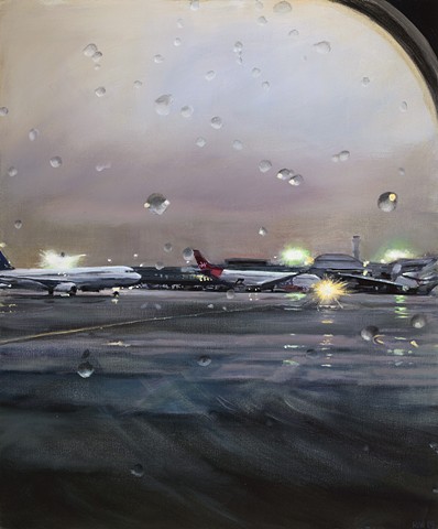 Painting looking out an airplane window in the rain