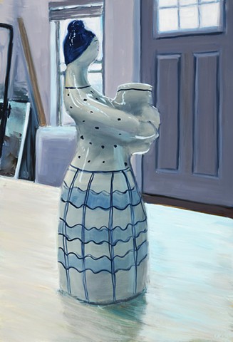 Oil painting of a blue and white figurine