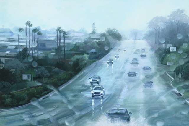 Painting of a rainy California street through a car window