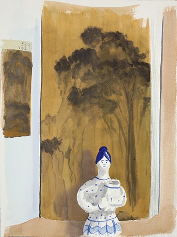 Watercolor of a blue and white figurine painted in front of a book of Chinese art.