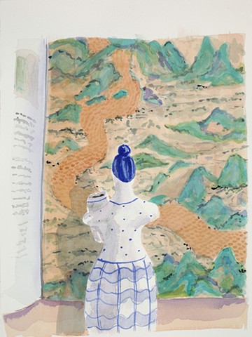 Watercolor of a blue and white figurine painted in front of an old map.