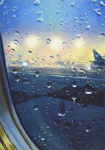 Painting of a rainy tarmac from airplane window seat