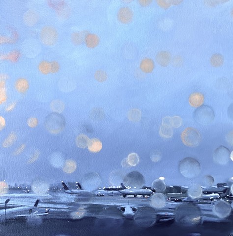 Painting of a rainy tarmac from airplane window seat