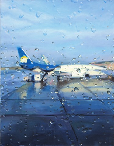 Painting of a rainy tarmac from airplane window seat
