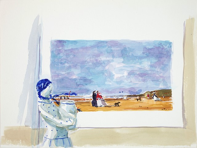 Watercolor of a blue and white figurine painted in front of a Boudin artwork.