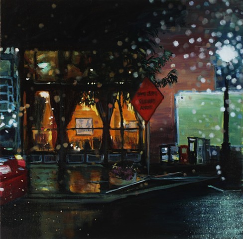 Oil landscape painting of a city street in the rain