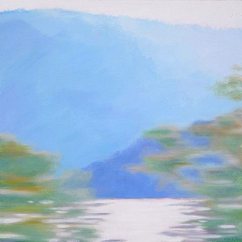 Oil painting depicting a drive alongside a mountain lake at sunset