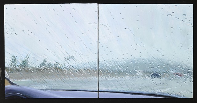 Painting of a rainy California freeway through a car window