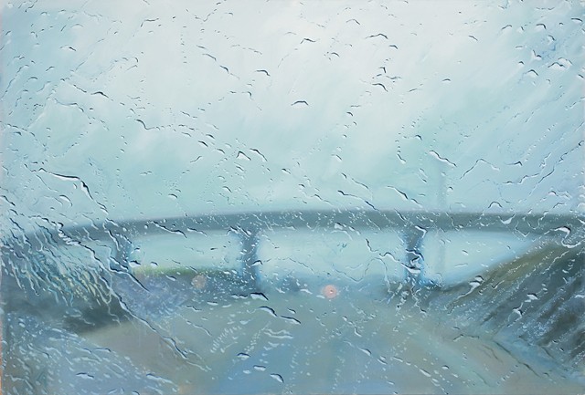 An oil painting of a rain-soaked windshield on an Idaho highway.