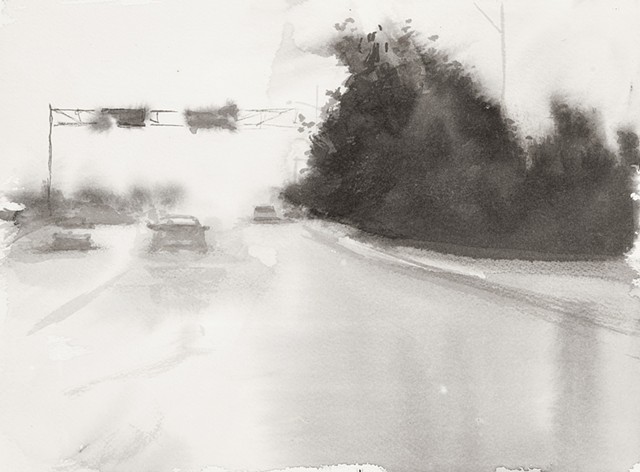 Ink drawing of a rainy highway.