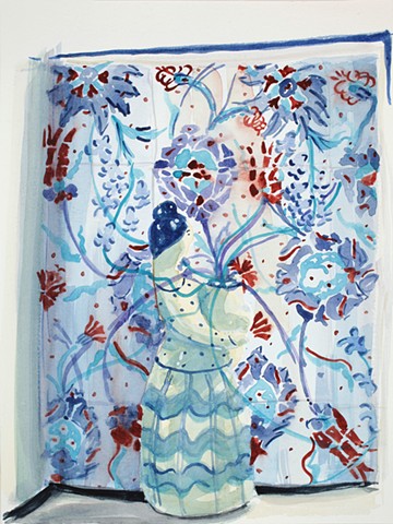 Watercolor of a blue and white figurine painted in front of a tile wall.