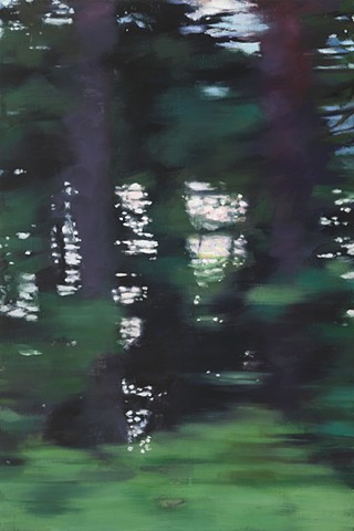 Oil painting depicting a drive alongside a mountain lake at sunset