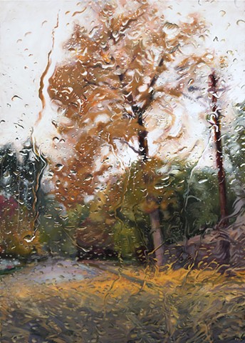 Oil painting of an autumn tree through a rainy windshield