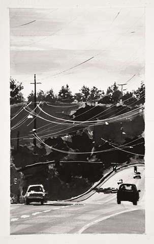 Ink drawing of cars driving up a hill with telephone lines