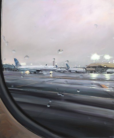 Painting of a rainy tarmac from airplane window seat