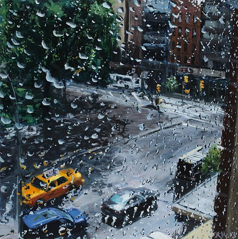 New York streetscape oil painting in the rain