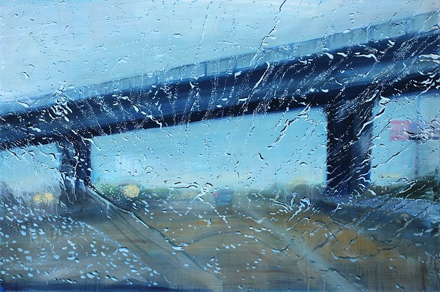 An oil painting of a rain-soaked windshield on an Idaho highway.