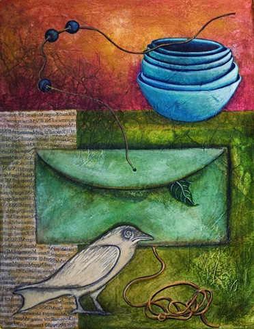 watercolor and rice paper painting bird bowls beads envelope by Linda Laino