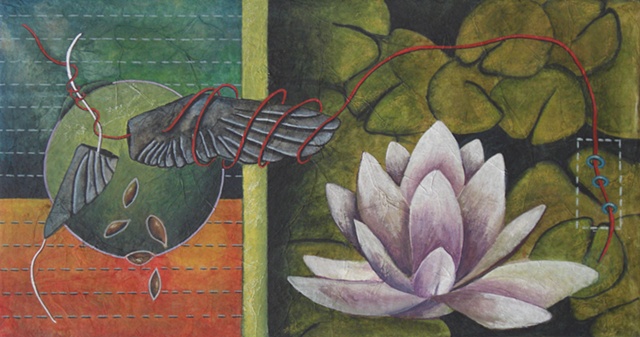 watercolor and rice paper painting wing seeds lotus by Linda Laino