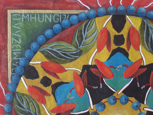 mandala nature painting leaves mala beads mantra, watercolor and rice paper on board detail by Linda Laino
