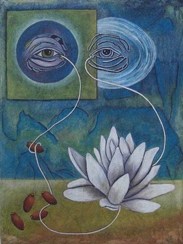 mixed media watercolor painting eyes, seeds, lotus flower