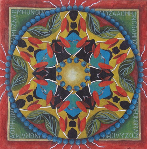 mandala nature painting, leaves mala beads mantra watercolor and rice paper on board by Linda Laino