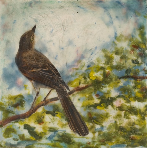 encaustic painting, birds, collage