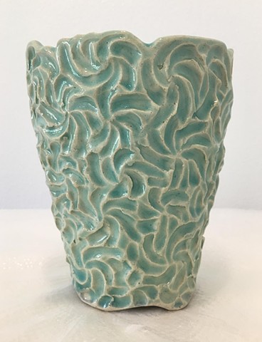 Hand Carved Stoneware Vase with Aqua Glaze