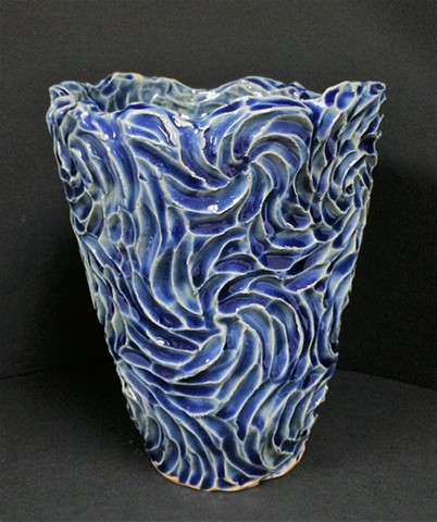 Hand Carved Stoneware Vase with Blue Glaze. Out of Stock.