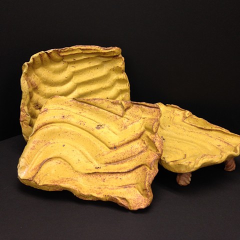 Small Footed Stoneware plates with Woo Yellow glaze