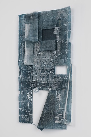 Caesura, 2013. Relief prints. Oil and acrylic ink, colored pencil, magnets on rice paper. 56 x 32 inches.