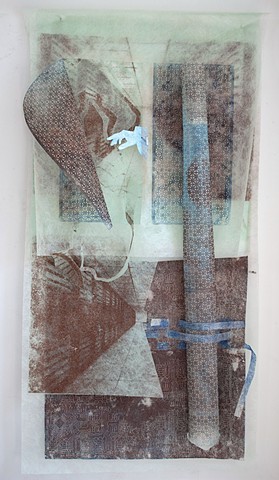 Portal, 2019. Relief, silkscreen and photogravure prints. Oil and Acrylic ink, rock powder on landscape fabric, thread, magnets. 72 x 32 x 10 inches