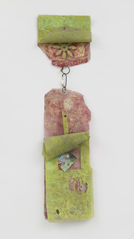 Retrofit #2, 2022. Relief print on landscape fabric, colored pencil drawing on paper, acrylic ink, sidewalk chalk, bark covered wire, snaps, audio/video cord and magnet 38 x 10 inches