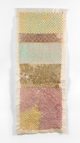Quilted, 2022. Clay and indigo stencil on rice paper, colored pencil, sidewalk chalk, magnets, oil paint pen. 76 inches x 32 inches. Photo Credit: Harley Grieco